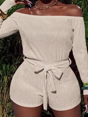 Women’s White Romper with Belt Tie